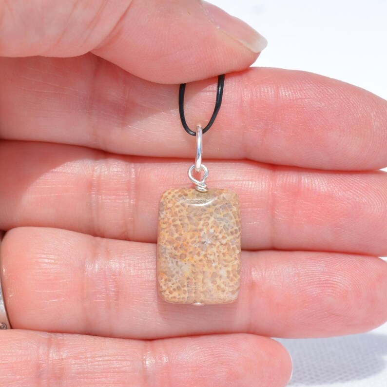Op de afbeelding: Een rechthoekige hanger met een beige en bruine gefossiliseerde koraalsteen met een poreus, getextureerd oppervlak. De steen is bevestigd aan een zilverkleurig metalen oogje en hangt aan een dun, zwart koord, een eenvoudig sieraad.