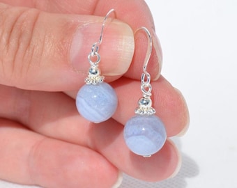 Blue Lace Agate Gemstone Earrings:  Natural Genuine Gemstones, Everyday Jewelry, Multiple Round & Rectangle Options