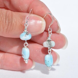 May include: A pair of dangle earrings featuring light blue and white gemstone beads. The earrings have a silver-colored metal hook and decorative accents. The beads are oval and round, with a polished finish. The earrings are displayed against a white background.
