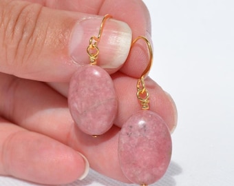 Rhodonite Gemstone Earrings: Natural Genuine Oval Gemstones, Gold/Silver-Plated Ear Wire, Multiple Options