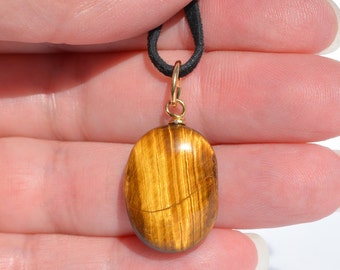 Tiger Eye Gemstone Pendants: Genuine Gemstones, 20x16mm Ovals, Everyday Jewelry, Multiple Gold-Plated Wire-Wrapped Options