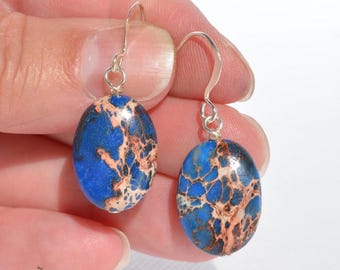 Blue Jasper Gemstone Earrings: Handmade Earrings, Silver-Plated Gunmetal & Gold-Plated Ear Wire, Multiple Options