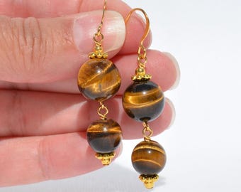 Tiger Eye Gemstone Earrings: Genuine Gemstones, Long Large Everyday Earrings, Multiple Sizes & Options