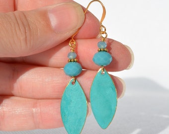 Blue Patina Dangle Earrings - Gold Metal earrings - Multiple shapes: Leaf, Round, Teardrop, Oval - Crystal accents and gold-plated ear wire