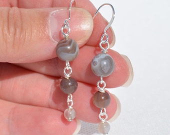 Botswana Agate Dangle Earrings: Natural Authentic Gemstones, Ovals & Long Cascading Rounds, Multiple Options