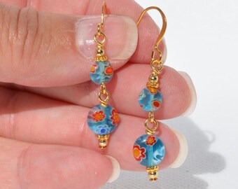 Millefiori / Murano / Venetian Style Glass Earrings:  Everyday Blue Dangle Earrings, Red Flowers, Multiple Options