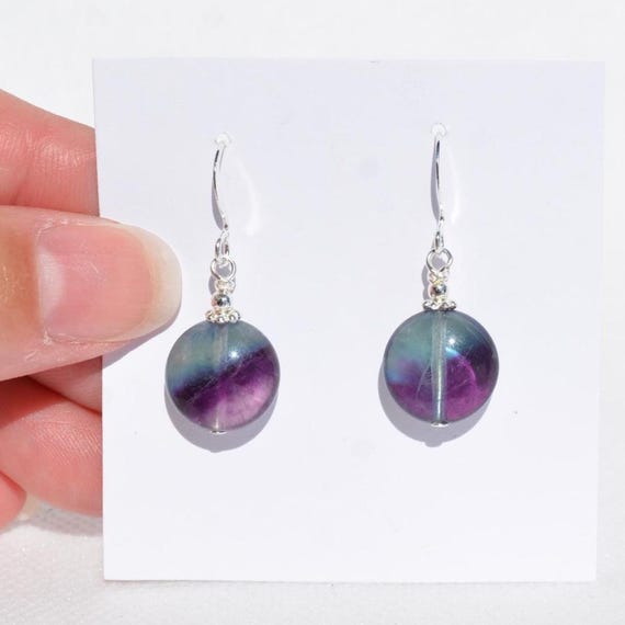 Rainbow Fluorite Gemstone Earrings: Natural Genuine Gemstones, Silver-Plated Links, Healing Stone, Multiple Shapes/Options