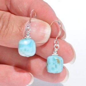 May include: A pair of silver-toned dangle earrings featuring light blue, rectangular-shaped stones. The stones have a marbled appearance with white and brown inclusions. The earrings are held by a person's hand against a white background.