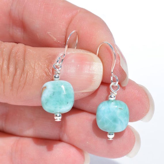 Larimar Gemstone Earrings: Authentic Natural Larimar Gemstones, Silver-Plated Ear Wire, Everyday Jewelry, Multiple Options