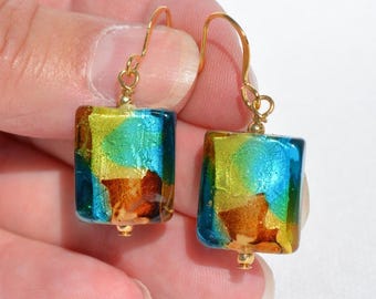 Murano Style Glass Foil Earrings: Colorful Venetian Dangle Earrings, Multiple Brown Blue Green Options