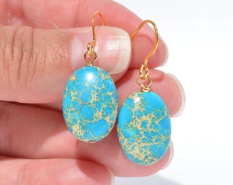 Jasper Earrings: Genuine Gemstones, Turquoise Blue Color, Multiple Gunmetal/Gold/Silver Options