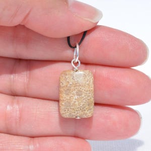Op de afbeelding: Een rechthoekige hanger van beige gefossiliseerd koraal met een poreus, getextureerd oppervlak. De steen is bevestigd aan een zilverkleurige metalen ring en hangt aan een dun zwart koord, met natuurlijke beige en lichtbruine kleurnuances.