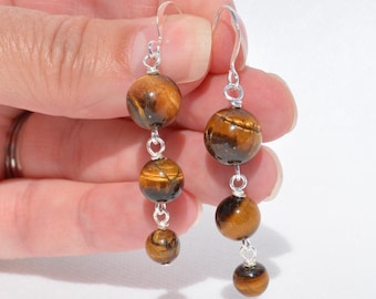 Tiger Eye Earrings: Natural Genuine Gemstones, Long 3 Tier Everyday Jewelry, Multiple Options