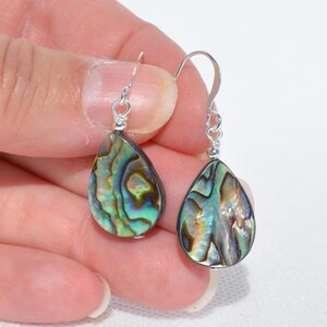 May include: A pair of teardrop-shaped earrings with iridescent abalone shells. The earrings have silver-colored hooks. The abalone shells display a mix of green, blue, and brown colors, with a swirling pattern.
