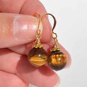 Puede incluir: Un par de pendientes colgantes con piedras preciosas esf&eacute;ricas de ojo de tigre con un patr&oacute;n de bandas marrones y doradas chatoyantes. Cada piedra est&aacute; rematada con una peque&ntilde;a tapa de metal dorado y suspendida de un gancho dorado.