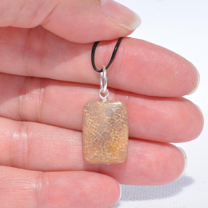 Op de afbeelding: Een rechthoekige hanger met een beige en bruin gefossiliseerd koraalpatroon met een poreuze, organische textuur. De hanger is bevestigd aan een zilverkleurige metalen ring en hangt aan een dunne, zwarte koordketting.