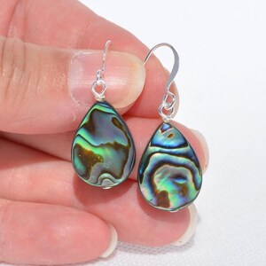 May include: A pair of teardrop-shaped earrings with iridescent abalone shells. The earrings have silver-colored hooks. The abalone shells display a mix of green, blue, and brown colors, with a swirling pattern.