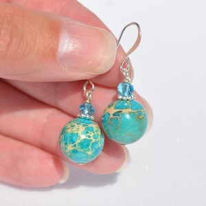 Multiple blue Jasper round Gemstone Earrings with crystal accents - Everyday earrings - Genuine Jasper - Multiple options