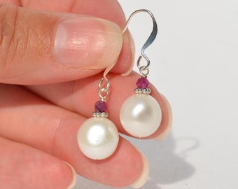 Freshwater Pearl & Gemstone Earrings: Genuine Ruby, June and July Birthstone Jewelry, Multiple Styles/Options