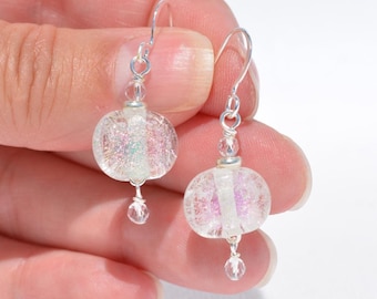 Dichroic Glass Earrings: Venetian / Murano Style Earrings, White Pink & Orange, Multiple Styles/Options