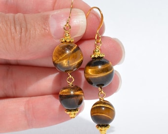 Tiger Eye Gemstone Earrings: Genuine Gemstones, Long Everyday Earrings, Multiple Sizes & Options