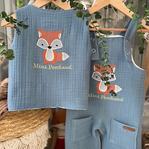 Personalized Muslin Baby Jumpsuit & Vest Set: Embroidered Cotton Dungarees