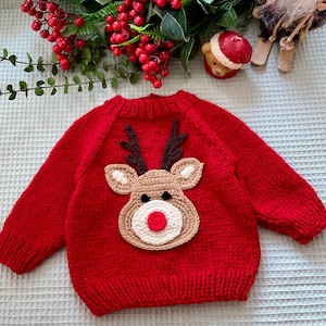 Hand Knitted Wool Blend Baby and kids Christmas Sweater with Crochet Motif