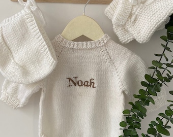 Personalized Hand Knitted baby romper set Knit bodysuit Unisex baby outfit for winter New unisex baby gift baby set  Baby photo jumpsuit