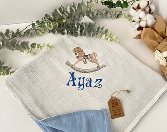 Personalized Organic Muslin Swaddle Blanket: Embroidered Animal Design