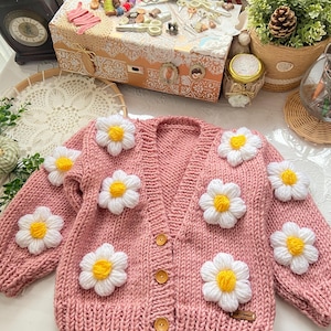 Hand Knit Baby and Kids Cardigan: 3D Daisy Embroidered Floral Sweater