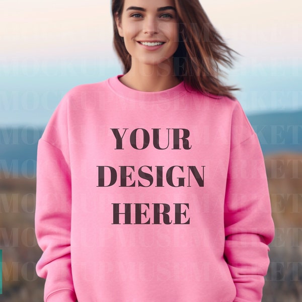 Gildan Safety Pink Mockup | Sweatshirt Model Mockup | Oversized Mockup | Pink Gildan 18000 Mockup | G180 Safety Pink Mock up | Trendy Mockup