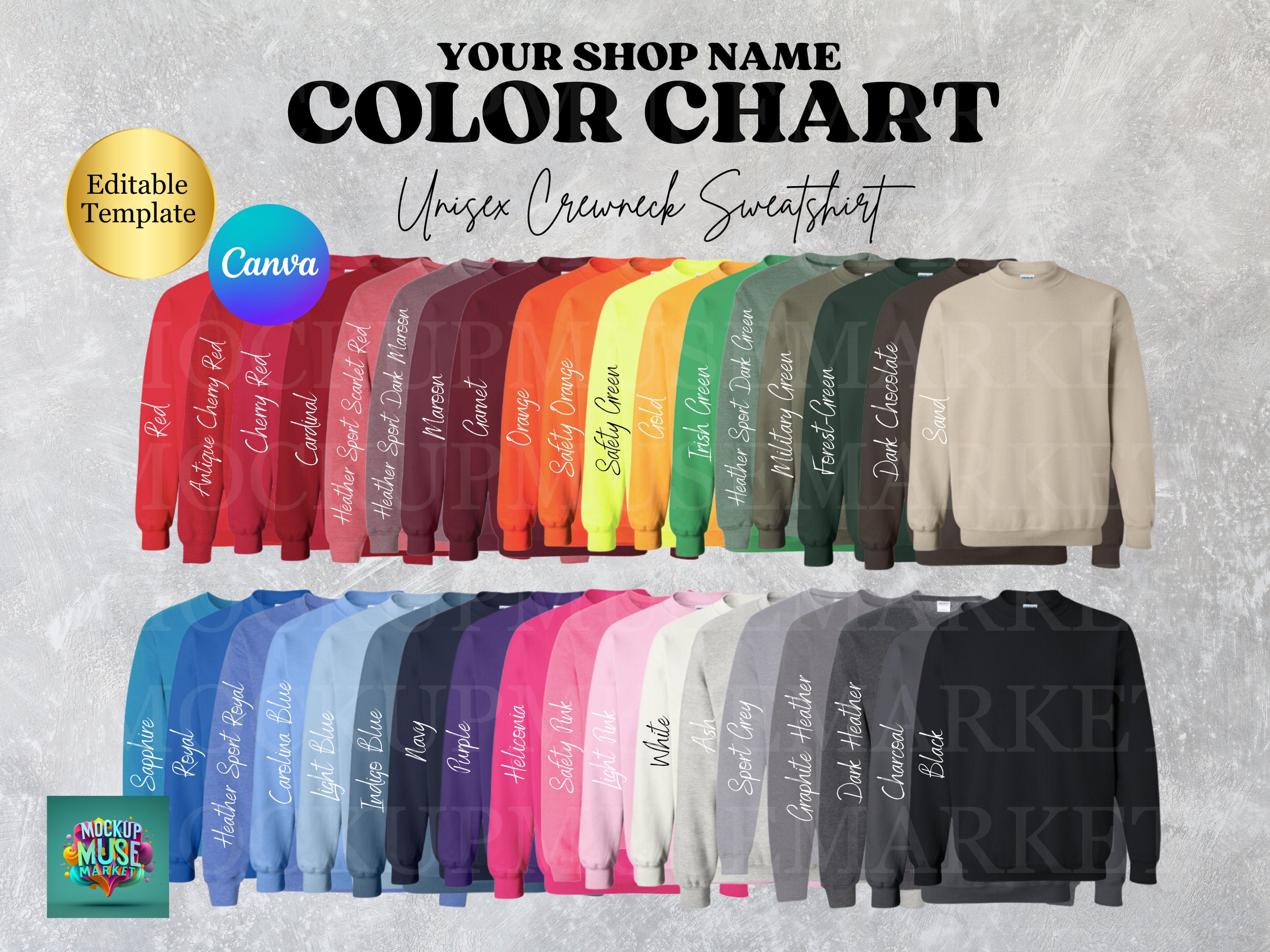 Gildan 18000 G180 Color Chart Editable Color Chart G180 Mockup Color Charts Heavy Blend Crewneck Sweatshirt G180 Colour Chart Etsy