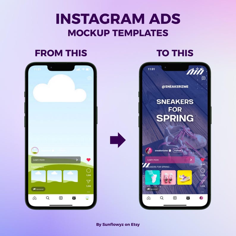 This is an example when you use this Instagram ads mockup template.
We have some templates for your instagram ads in reel format like this in the photo and also carousel format. Choose the best format to showcase your advertisements for any projects to impress clients or customers!
