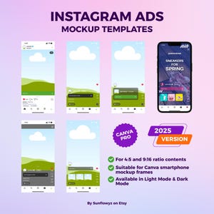 Find 5 new 2025 Instagram ads mockups inside this bundle for both light mode and dark mode! With these templates, you can visualize your ads before you posting it easily because our templates are editable and customizable on Canva.