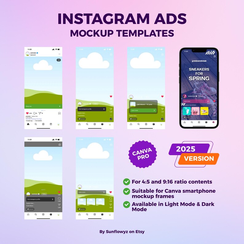 Find 5 new 2025 Instagram ads mockups inside this bundle for both light mode and dark mode! With these templates, you can visualize your ads before you posting it easily because our templates are editable and customizable on Canva.