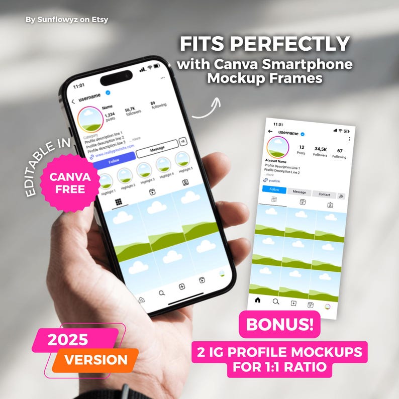 This is an example of our instagram mockup for 1080 x 1350 pixel contents. You can visualize your single posts or carousel covers in this mockup before you post. And as you can see, it fits perfectly with various phone mockup frames from Canva.
It's a good choice for small business owners, coaches, bloggers, social media marketers, graphic designers, photographers, etc. to plan ahead of time to create an aesthetic social media page, especially aesthetic instagram feed.