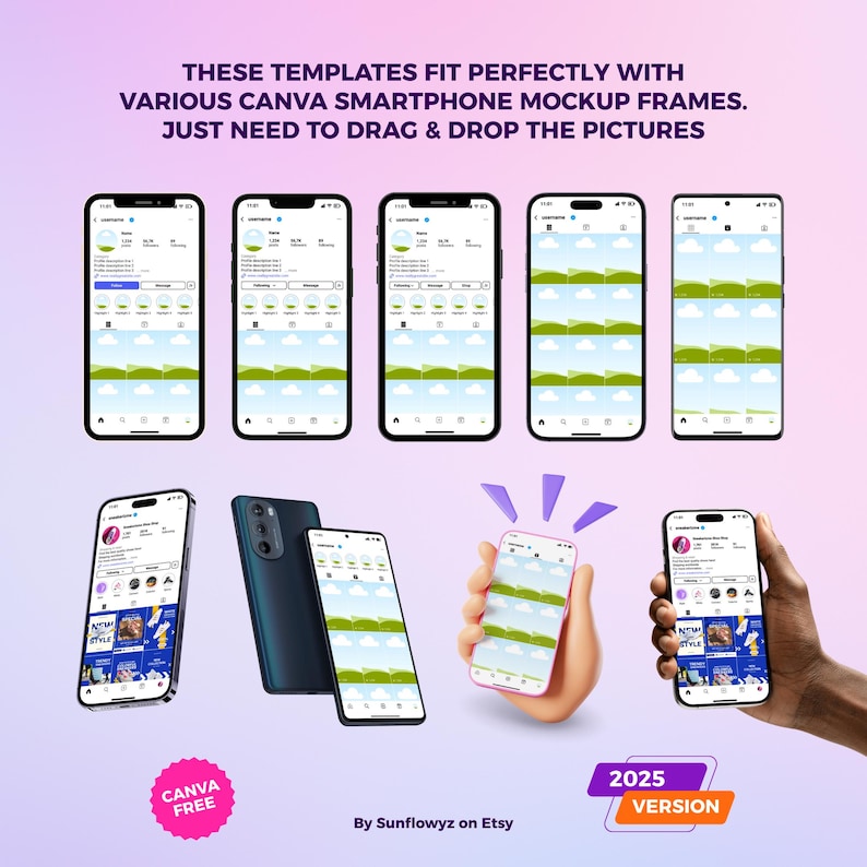 This is a presentation of how our instagram profile mockup templates that fit perfectly with various phone mockups and frames that provided by Canva. You don't need to adjust too much. Our instagram mockups are easily customizable