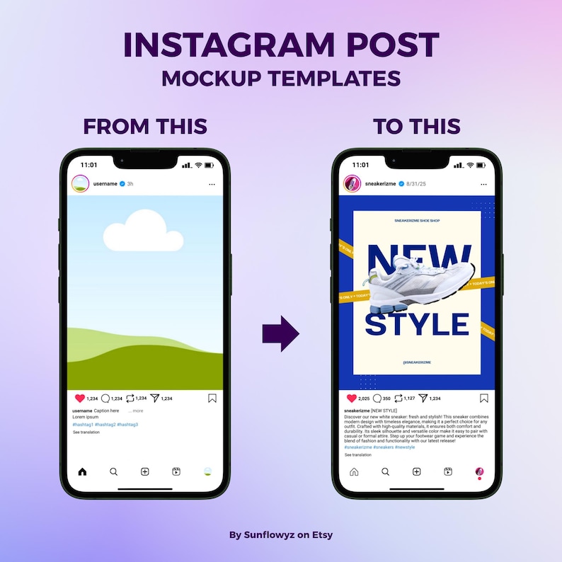 This is the example when you use this Instagram post mockup template.
As you can see, we already add the repost icon, so you don't need to add one anymore.
You only need to edit the texts, and also drag and drop your images as desire.