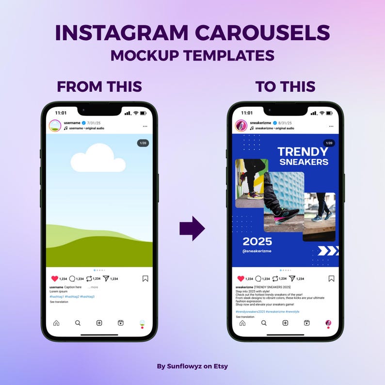 This is the before after when you use this Instagram carousel mockup template.
There are number of slide icon, the slider indicator icon, and of course, the repost icon.
You just need to insert your images, edit the texts, the present it to the social media!
It's really time saving, right?