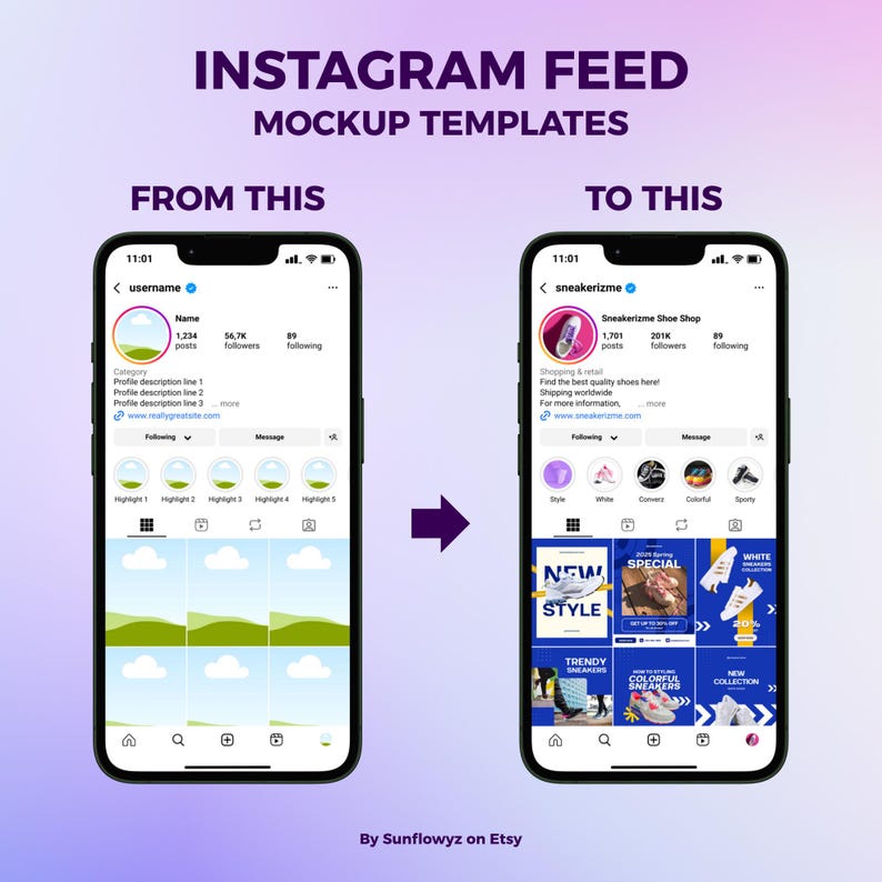 This is the example when you use this Instagram feed mockup template.
You can edit the texts and also drag and drop your photos easily just by using Canva pro account, since there are some elements that closely similar to the real ones, especially the repost icon.
Yes, the instagram mockups templates in this package are updated based on instagram August 2025 version.