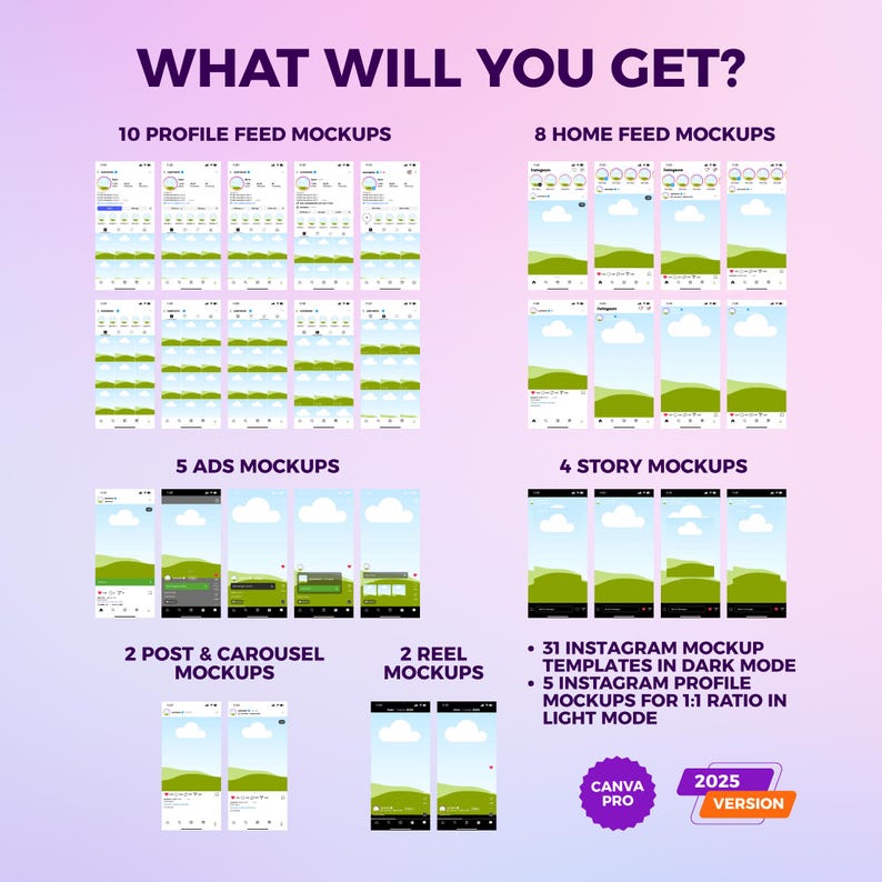 In this package you will get 10 instagram profile feed mockups, 1 instagram post mockup, 1 carousel mockup, 8 home feed mockups, 5 ad mockups, 4 story mockups, and 2 reel mockups for dark and light mode, that editable on Canva Pro.
We also give you 5 instagram 1:1 ratio mockup templates that editable in Canva free as bonuses.
There are 67 templates in total, but we count them as 57 because some templates are similar for both mode.