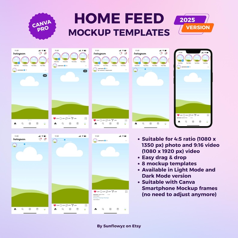 These are the new Instagram home feed mockups. Get these 8 Instagram home templates inside this product! Suitable to represent 4:5 ratio and 9:16 ratio contents.