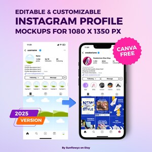This is a package of instagram profile mockup planner templates with new 2025 Instagram format ( 4:5 ratio or 1080 x 1350 pixel ). Since May 17th 2025, we added another one instagram profile mockup for 1:1 ratio and 2 instagram profile mockups for 1:1 ratio. These mockups are editable and customizable in Canva Free. Visualize your profile feed, post, carousel, Instagram story, and ads with this mockups before you post!