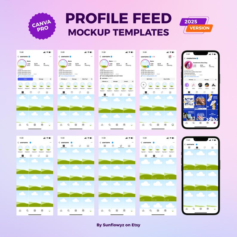 These are the instagram feed mockup templates. If you are a small business owner, or digital marketer, or influencer, or content creators who are looking for the perfect instagram mockups to plan an effective and aesthetic instagram feed, these templates are what you've been looking for!
Visualize your professional looking and cohesive Instagram profile with these mockups! You just need to drag and drop your photos, carousel covers or instagram story cover images! So simple an easy, right?