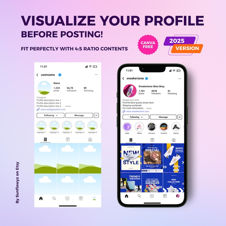 You will get 5 instagram profile mockups from this package with light mode that editable nd customizable on Canva free. You don't need Canva Pro subscription to edit these templates. Get this pckage now and visualize your profile with our mockups!