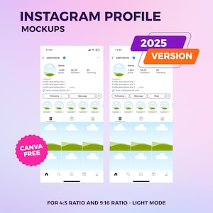 This instagram profile mockup for 4:5 ratio contents come with 5 mockup templates. In this picture, you can see 2 of the templates which have different buttons. You can use them for personal account or for a brand or shop account