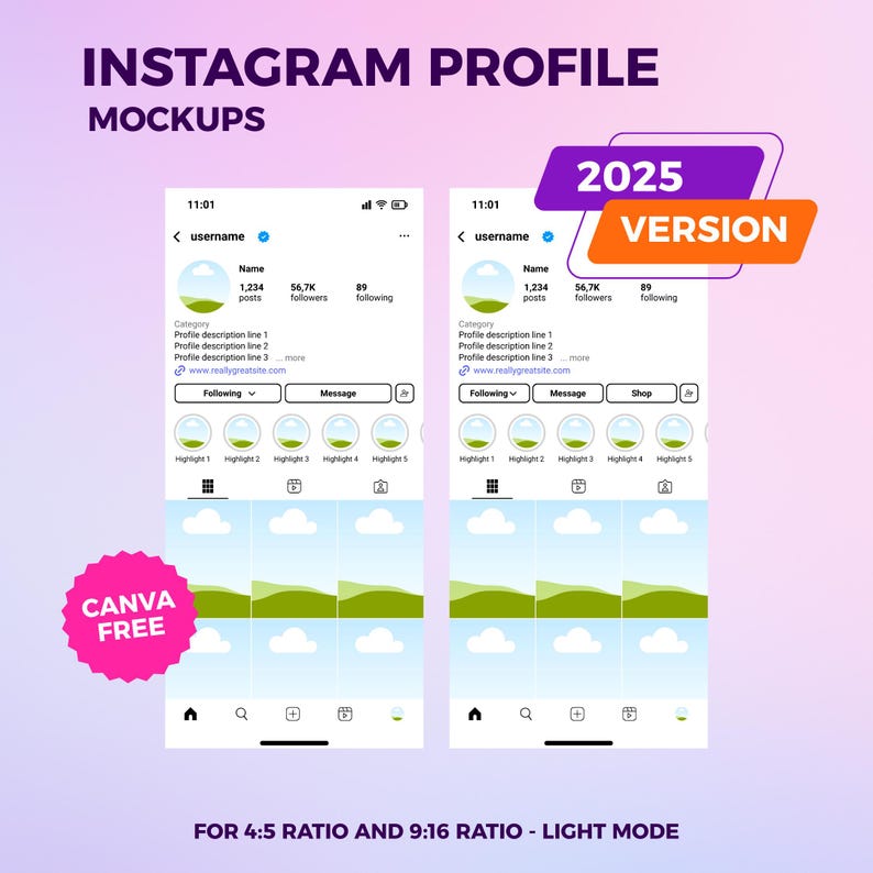 This instagram profile mockup for 4:5 ratio contents come with 5 mockup templates. In this picture, you can see 2 of the templates which have different buttons. You can use them for personal account or for a brand or shop account