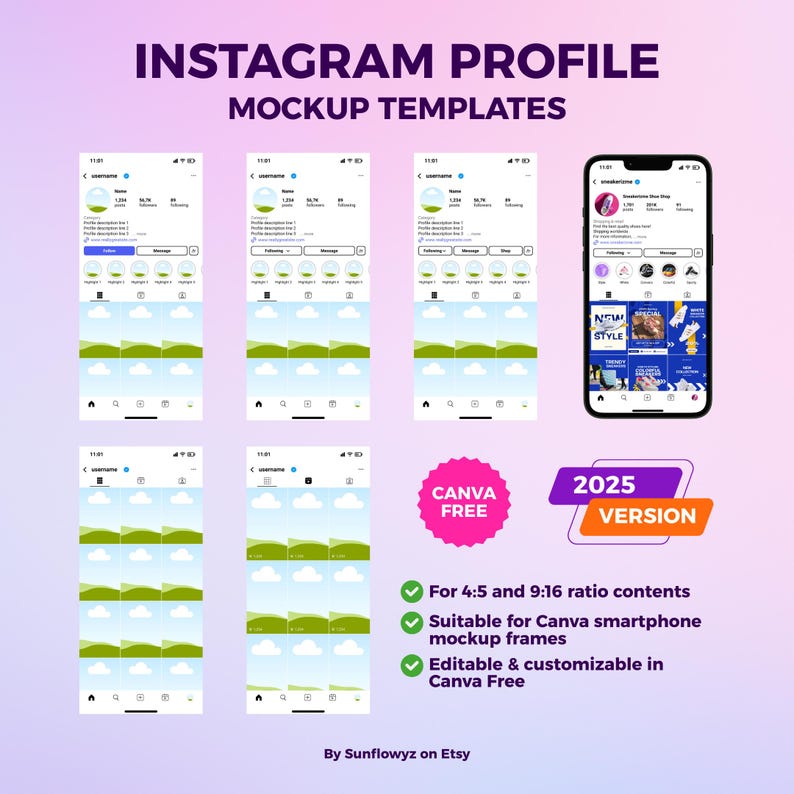 If you are a small business owner, digital marketer, influencer, or content creators who are looking for the new 2025 Instagram profile mockup to plan an effective and aesthetic instagram feed, these instagram profile mockups are what you've been looking for! Visualize your professional looking and cohesive Instagram profile with these mockup! You just need to drag and drop your content covers or photos into the mockup templates because they're editable and customizable on Canva Free.