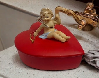 Lefton Ceramic Cupid on Heart Shaped Lidded Trinket Box Vintage 1950s Item 2210