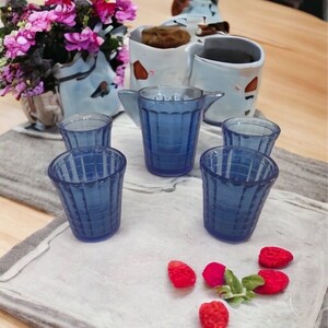 Children’s 5 Piece Blue Glass Water Pitcher & Cups ~ Akro Agate Tea Set (Ofc)